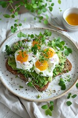 Healthy Gluten-Free Avocado Toast with Poached Eggs and Microgreens - Perfect Breakfast Idea