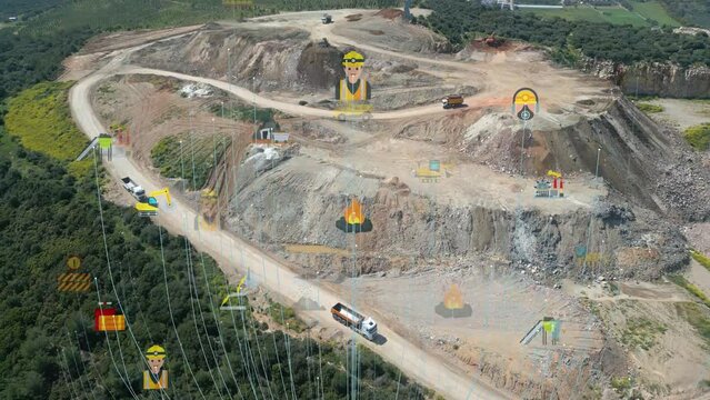 aerial view shot mining, dumpers, quarrying extractive industry stripping work. Big Mining Trucks. View from drone at opencast mining with lots of machinery trucks. High quality 4k footage