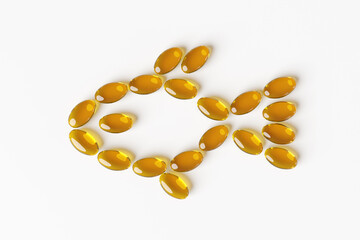 Orange yellow fish oil soft gel capsules forming the shape of a fish on white background. Illustration of the concept of omega-3, vitamins and nutrient supplement