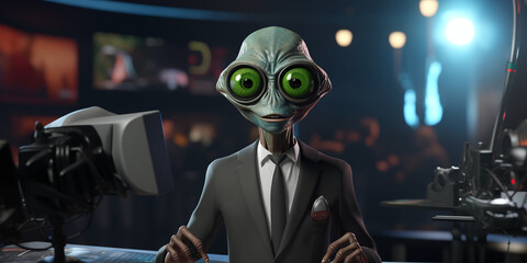 Alien news anchor in a suit sitting in a studio with cameras and lights. Studio portrait photography. Sci-fi journalism and broadcasting concept. Design for poster, banner, wallpaper.