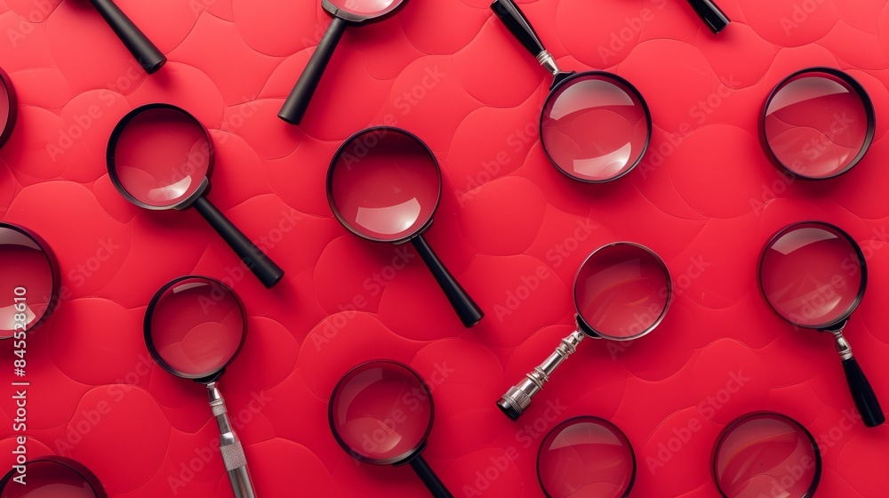 Poster gleaming black magnifying glasses arranged in an aesthetically pleasing pattern on a red background.