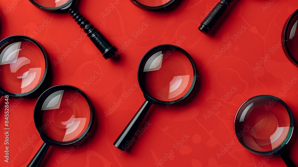 Poster gleaming black magnifying glasses arranged in an aesthetically pleasing pattern on a red background.