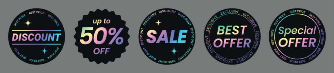 A set of color neon selling stickers, label with a holographic effect. Isolated rainbow emblems 50% off, discount, best offer, special offer, sale. Vector illustration EPS10
