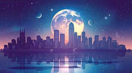 Night sky and moon reflection in water city silhouette vector cityscape illustration