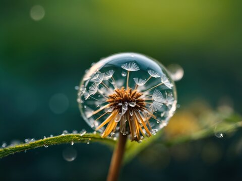 Beautiful shiny dew water drop on dandelion seed