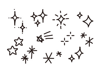 Set of hand drawn light, star and sparkle effect drawing illustrations in cartoon and doodle style.
