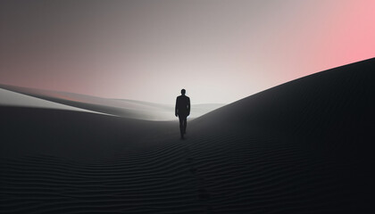 A person silhouetted against the sunset in various landscapes including desert, mountain, and beach