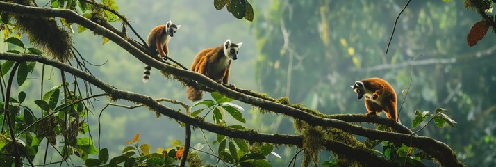 In the lush rainforest, a group of cute lemurs sits on tree branches, enjoying nature