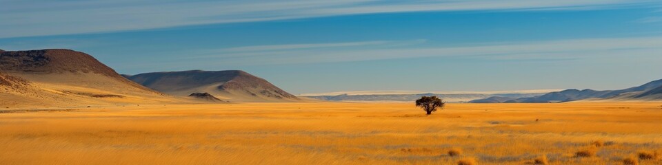 Lonely desert landscape with dry grass, solitary tree, and distant mountains under a blue sky