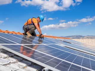 Man installing alternative energy photovoltaic solar panels on roof