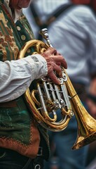 Close-Up of Musician's Hands Playing Traditional Bavarian Horn at Oktoberfest Festival