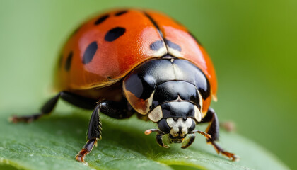A macro shot of a ladybug with black spots on its red shell, perched on a green leaf