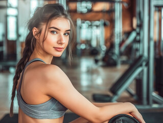 Fototapeta premium Close up image of attractive sporty fit woman in gym, banner with copy space