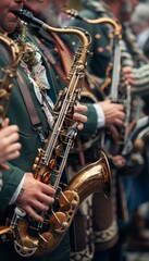 Obraz premium Bavarian Musicians in Traditional Costumes Playing Brass Instruments at Oktoberfest Parade