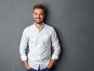 Fototapeta premium charming successful young entrepreneur, smiling broadly with self-assured expression while holding hands in pockets