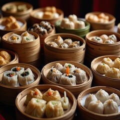 many Chinese food items are displayed on a table.