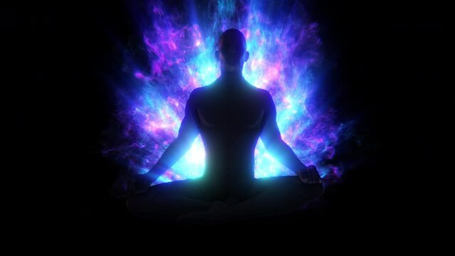 A silhouetted figure sat in a mediation lotus pose, surrounded with pulsating flowing light energy. 