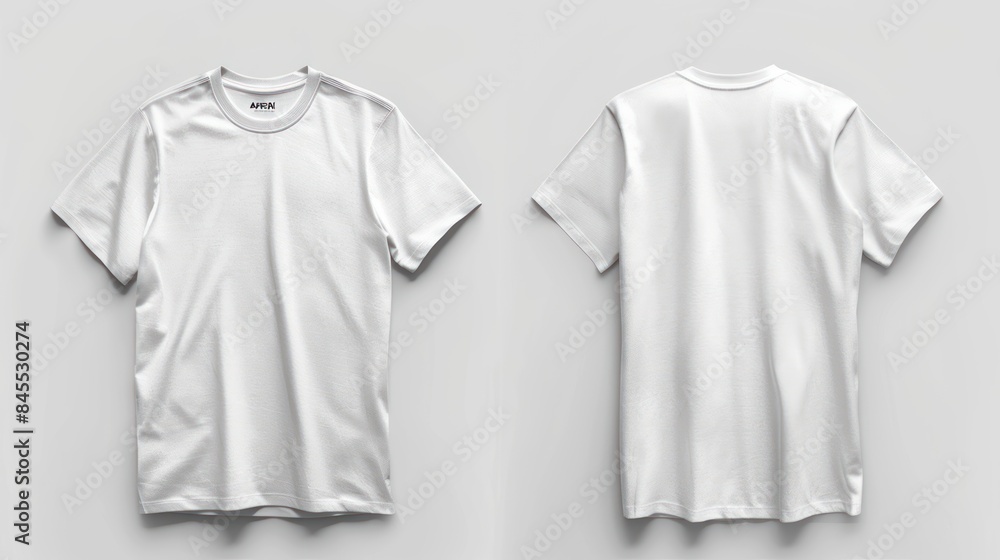 Wall mural Mockup of white mens t-shirt, isolated on background, front and back view, for design and pattern presentation. Casual wear template, branded and trendy cotton clothing. Set empty apparel - Wall murals