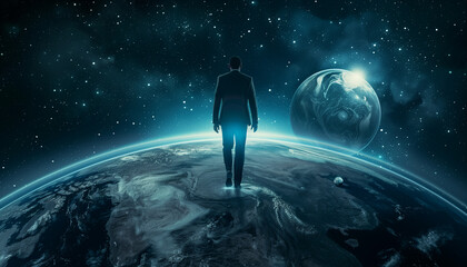 A silhouette of a person in the planet at sunset with the sun and moon in the sky