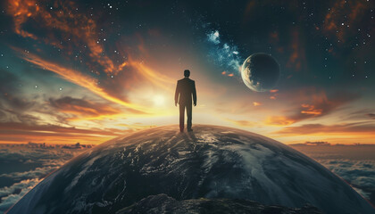 A silhouette of a person in the planet at sunset with the sun and moon in the sky