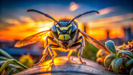 A wasp sits on a wooden surface, facing the camera, with a vibrant sunset in the background