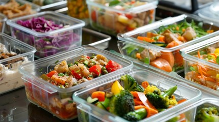 Colorful Gluten-Free Meal Prep Containers with Stir Fry, Salad, and Roasted Veggies on Kitchen Counter