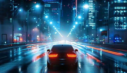 Nighttime City Traffic with Lights and Cars