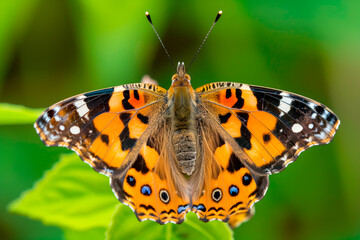 Obraz premium Beautiful orange butterfly rests among the foliage of a garden