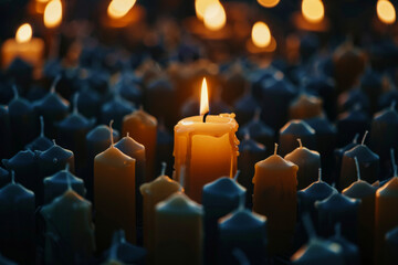 Obraz premium A single lit candle in the middle of unlit candles. 