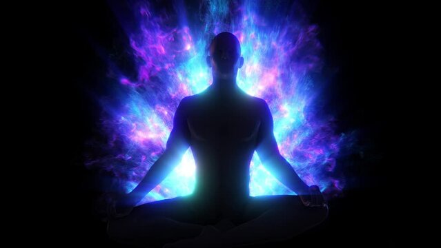A silhouetted figure sat in a mediation lotus pose, surrounded with pulsating flowing light energy. 