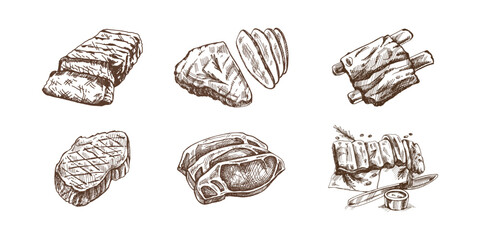 Organic food. Hand-drawn monochrome vector sketches of grilled beef steaks, pieces of meat, ribs. Vintage illustration. Decorations for the menu. Engraved image.