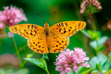 Naklejka premium Beautiful orange butterfly rests among the foliage of a garden
