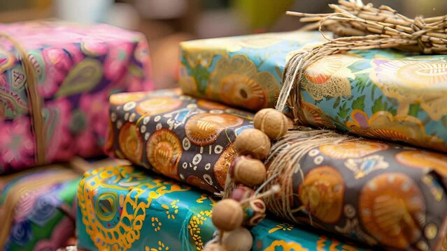A stack of gifts wrapped in a mix of recycled tissue paper tied with raffia and accented with wooden beads.