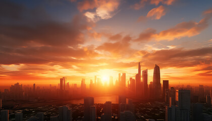 Fototapeta premium A city skyline with a large sun in the sky