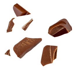 Broken chocolate bar pieces falling on white background. Milk  chocolate chunks  Collection..