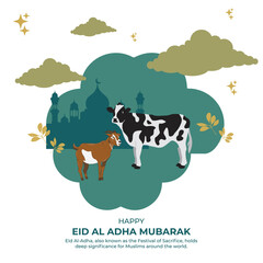 Eid al adha mubarak Arabic cow with goat. abstract vector illustration design. Illustration of sheep with Mosque and cow and goat, Eid-Al-Adha celebration, Eid-Al-Adha Mubarak