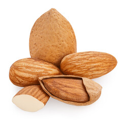 Pile of almond nuts and almond slice isolated on white background. Perfect almond nuts with shell side view..