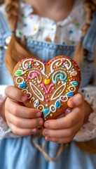 Fototapeta premium Bavarian Gingerbread Heart Cookie Decorated with Colorful Icing Held by Child at Oktoberfest