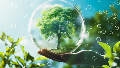 Hand Holding Glass Sphere Reflecting Green Planet Earth and Nature Elements