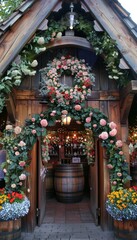 Fototapeta premium Beautifully Decorated Entrance to a Bavarian Beer Tent at Oktoberfest with Floral Arrangements and Wooden Structure
