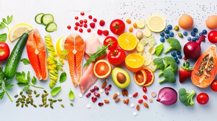 Balanced Array of Nutritious Foods for Healthy Eating Concept - Featuring Fruits, Vegetables, Lean Proteins
