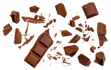 Broken chocolate bar pieces falling on isolated white background. Milk Chocolate explosion with ...