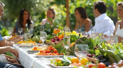 Group of Friends Enjoying Fresh Raw Food Meal at Elegant Outdoor Garden Party