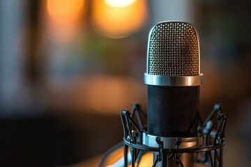 Radio microphone isolated on a domestic background, representing the concept of podcasting, online radio, streaming, and modern communication methods