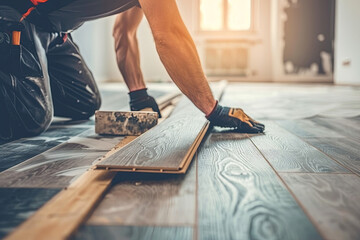 Skilled carpenter installing laminate flooring in a room, showcasing the process of home renovation and improvement