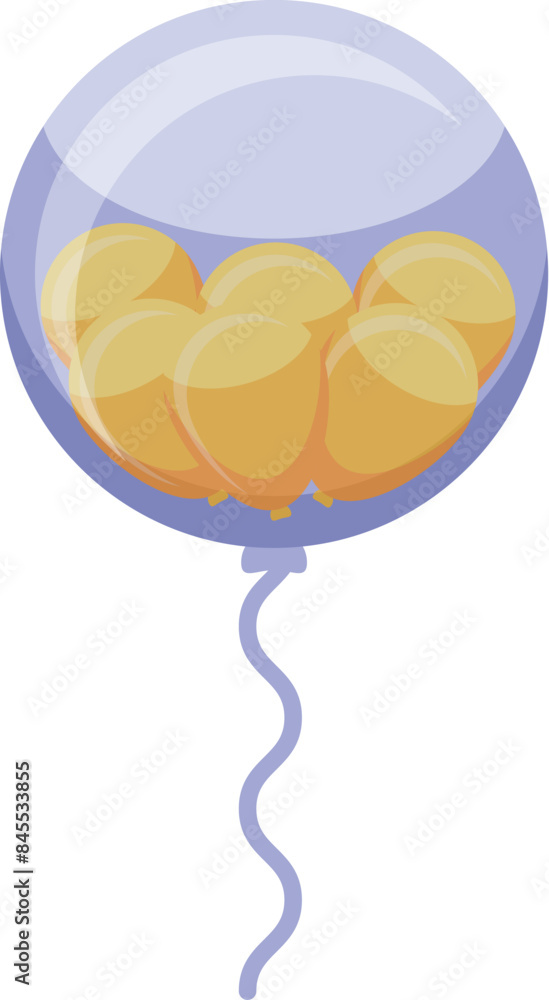 Poster big transparent balloon is containing many small golden balloons and floating with a curled string