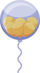 Big transparent balloon is containing many small golden balloons and floating with a curled string