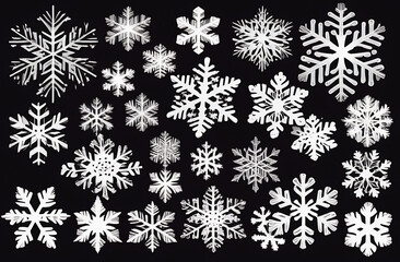 Snowflakes isolated collection, white snow on black winter set, watercolor illustration.