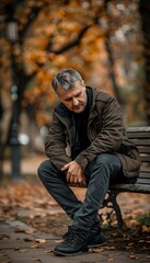 Middle-Aged Man on Park Bench Massaging Ankle During Autumn Season