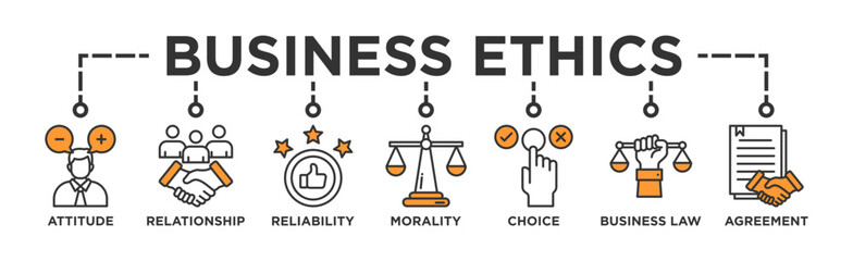 Business ethics banner web icon vector illustration concept with icon of attitude, relationship, reliability, morality, choice, business law and agreement